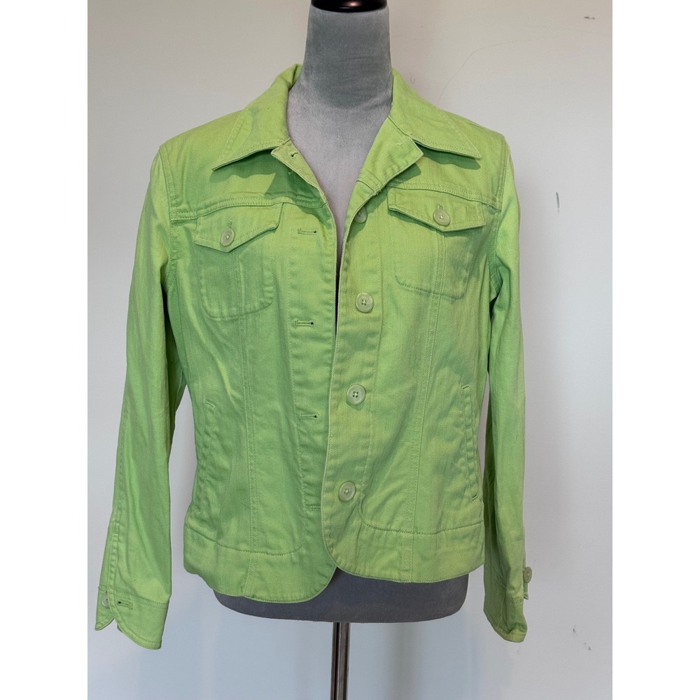 Talbots Womens Small Lime Green Stretch Denim Trucker Jacket Button Front Solid